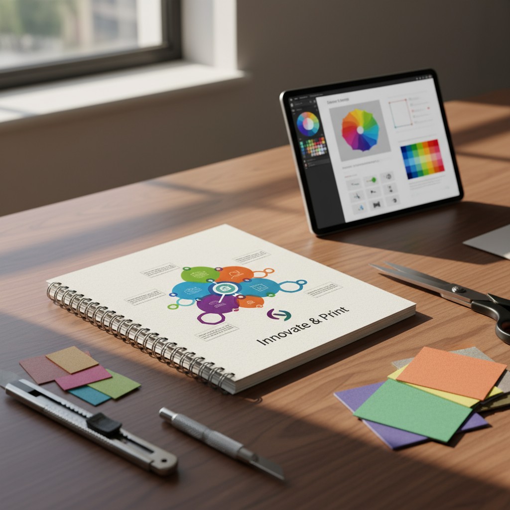 A spiral-bound notebook is situated on a wooden desk, accompanied by an iPad displaying various graphics and design tools.