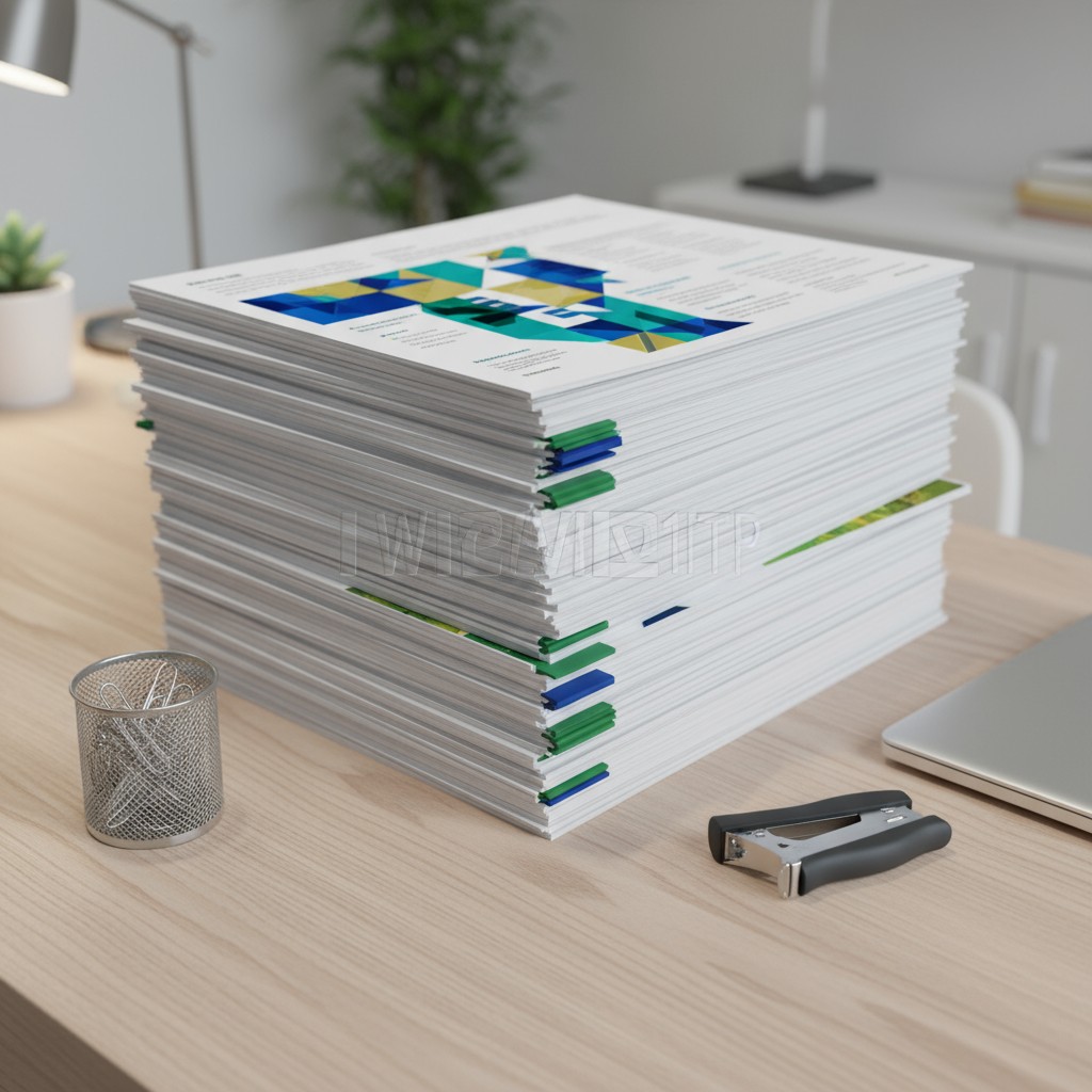 Stack of papers on desk with laptop, books and stapler, simplistic office workspace