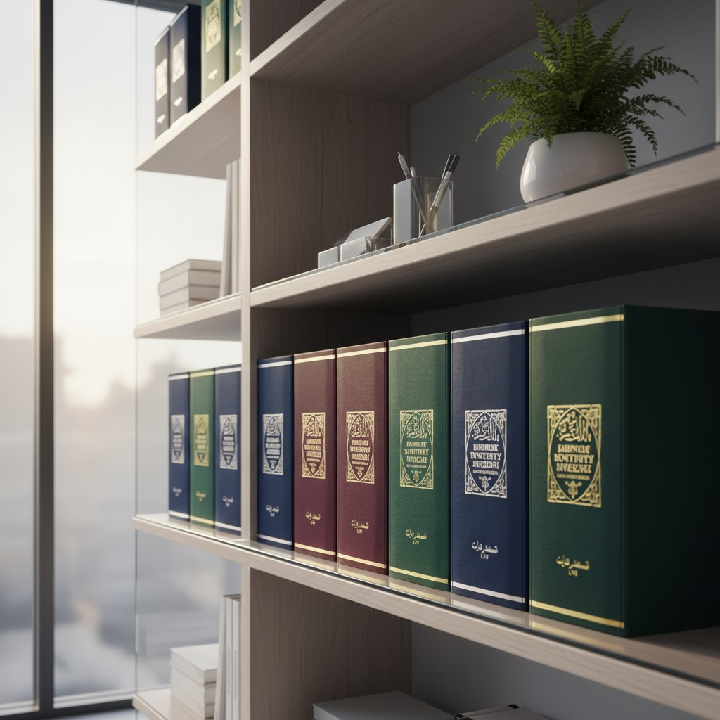 A collection of books on a bookshelf, likelyイスラーム. Reveals the binding's intricacy and the diversity of textual offerings.